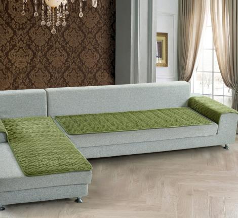 Комплект накидок &quot;Karteks&quot; на угловой диван с оттоманкой и подлокотниками Паркет, зеленый