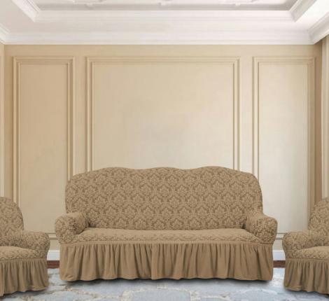 Комплект чехлов на 3-х местный диван и 2 кресла Karteks &quot;Классика&quot; с оборкой KAR 002-03, бежевый