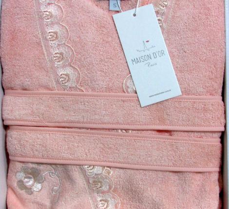 Халат женский махровый с кружевом Maison D'or "CELYN" (персиковый), XL(50)-XXL(52)
