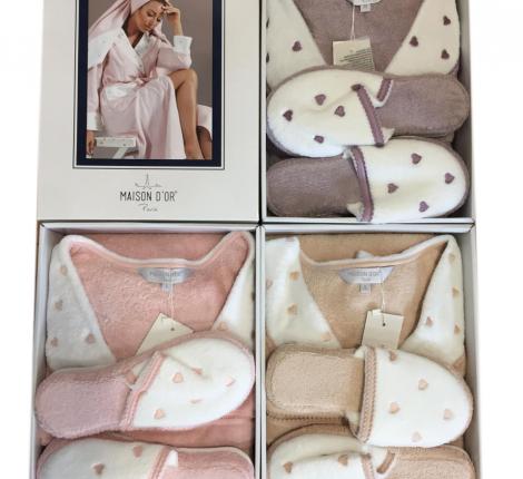 Халат женский махровый с тапочками Maison D'or "LAVOINE LONG HEARTS" (пыльная роза), XS(42)-S(44)