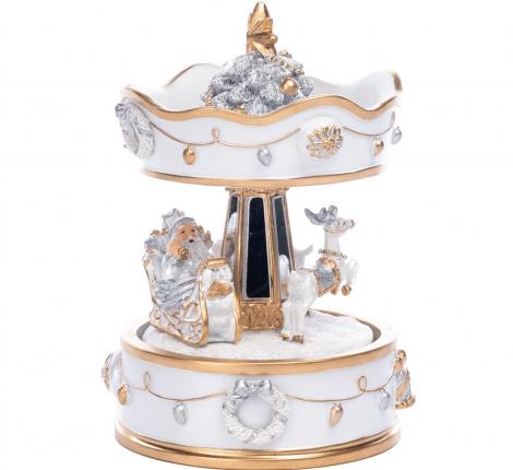 Музыкальная шкатулка "САНТА" (белый) с санками и каруселью, высота 16 см