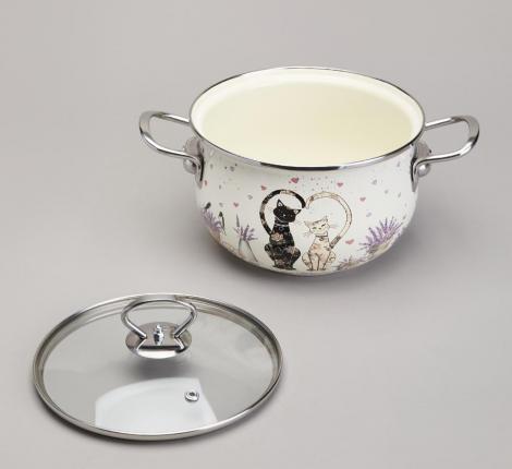 Кастрюля эмалированная со стеклянной крышкой "LAVANDER CATS", 2,8 л