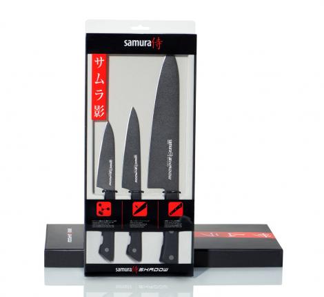 Набор из 3 ножей "Samura SHADOW" с покрытием Black-coating (11,23, 85) ABS пластик