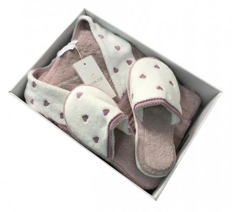 Халат женский махровый с тапочками Maison D'or "LAVOINE LONG HEARTS" (фиолетовый), XS(42)-S(44)