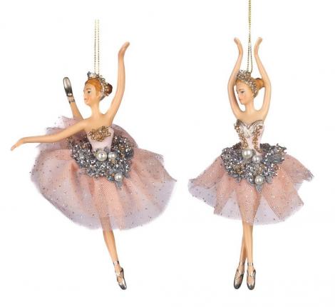 Ёлочная игрушка 2 шт. "БАЛЕРИНА" (розово-серебряный) с жемчужинками, высота 19 см