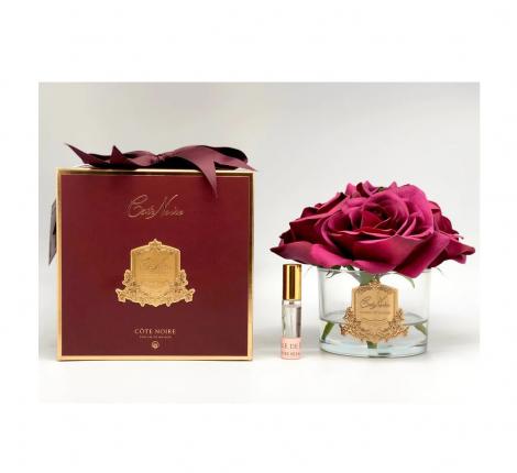 Букет ароматизированный из 5 роз "COTE NOIRE" (красный) прозрачная ваза, 1 спрей 15 мл
