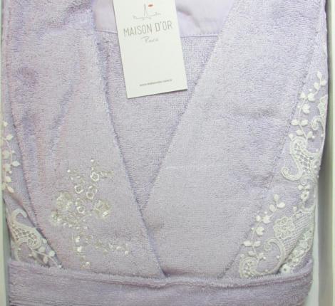 Халат женский махровый с кружевом Maison D'or "NERIA" (сиреневый), XS(42)-S(44)