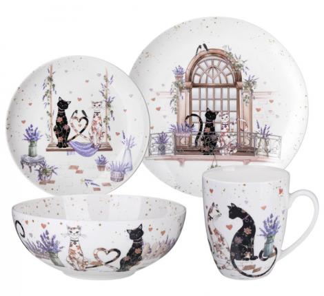 Набор посуды обеденный "ЛАВАНДОВЫЕ КОТЫ" на 4 персоны, 16 предметов