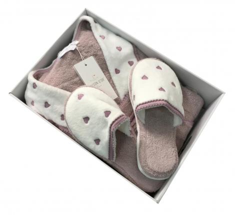 Халат женский махровый с тапочками Maison D'or "LAVOINE LONG HEARTS" (фиолетовый), XL(50)-XXL(52)