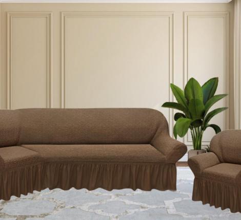 Комплект чехлов на 3-х местный угловой диван и кресло Karteks &quot;Классика&quot; с оборкой KAR 018-05, светло-коричневый
