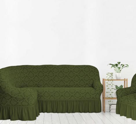 Комплект чехлов на 3-х местный угловой диван и кресло Karteks &quot;Классика&quot; с оборкой KAR 012-09, зелёный