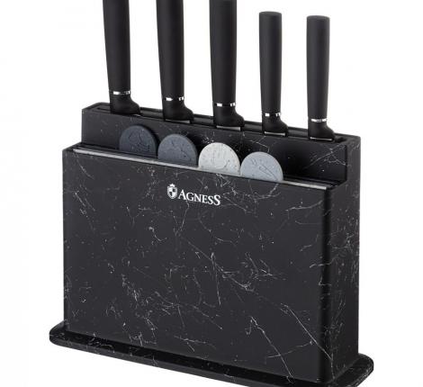 Набор кухонных ножей (5 шт.), 4 доски и подставка "AGNESS", чёрный мрамор
