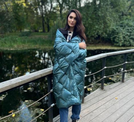 Дорожный плед-пончо пуховый "Travel Cape Plaid Grass" AQUA, 130х170