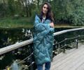 Дорожный плед-пончо пуховый "Travel Cape Plaid Grass" AQUA, 130х170