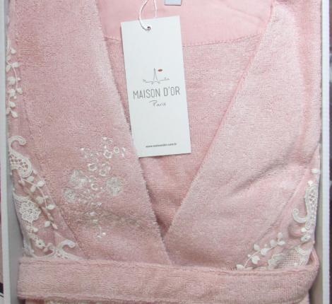 Халат женский махровый с кружевом Maison D'or "NERIA" (пыльная роза), M(46)-L(48)