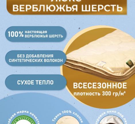 Одеяло всесезонное ВЕРБЛЮЖКА Люкс, 140х205