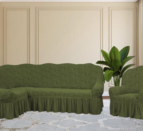 Комплект чехлов на 3-х местный угловой диван и кресло Karteks &quot;Классика&quot; с оборкой KAR 002-09, зелёный