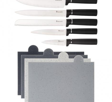 Набор кухонных ножей (5 шт.), 4 доски и подставка "AGNESS", чёрный мрамор