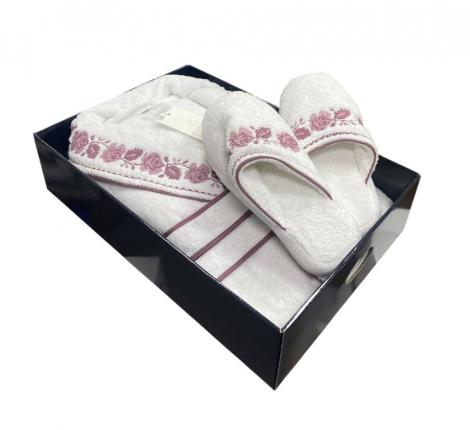 Халат женский махровый с вышивкой Maison D'or "ROSANNA" (белый/фиолетовый), XL(50)-XXL(52)