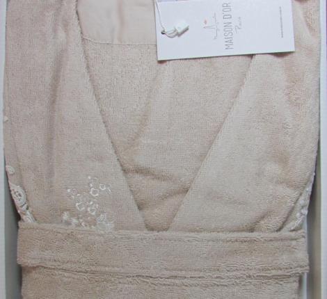 Халат женский махровый с кружевом Maison D'or "NERIA" (бежевый), XS(42)-S(44)