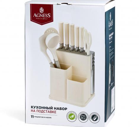 Набор кухонных ножей (5 шт.) и приборов "AGNESS", 11 предметов (белый/серый)