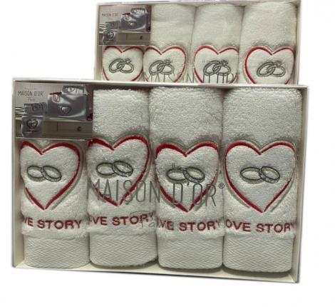 Салфетки махровые с вышивкой Maison D'or "LOVE STORY" 30х50-4шт., белый/красный