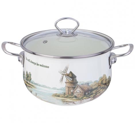 Кастрюля эмалированная со стеклянной крышкой "FAMILY HOUSE", 3,8 л
