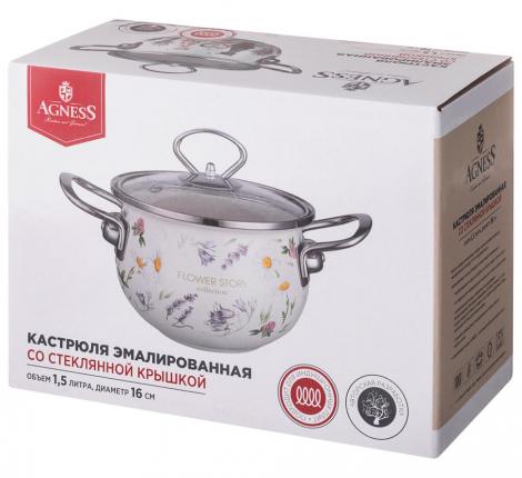 Кастрюля эмалированная со стеклянной крышкой "FLOWER STORY", 1,5 л