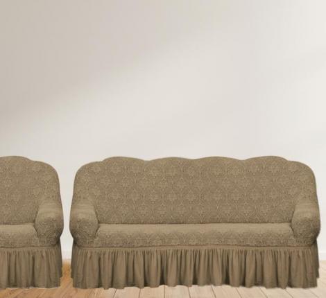 Комплект чехлов на 3-х местный диван и 2 кресла Karteks &quot;Классика&quot; с оборкой KAR 010-03, бежевый