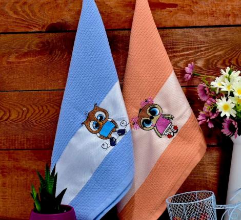 Набор вафельных салфеток "СОВА" 40х60-2шт. (голубой+оранжевый)