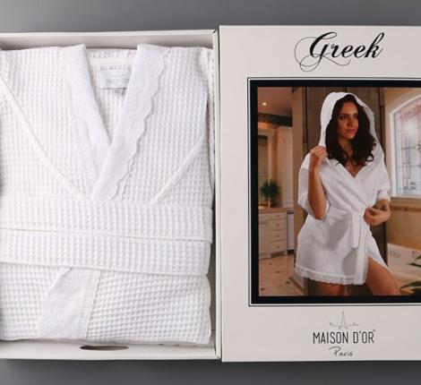Халат женский вафельный с капюшоном Maison D'or "GREEK" (белый), M(46)/L(48)