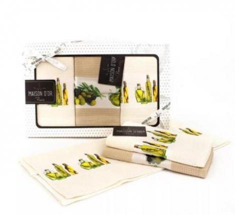 Комплект кухонных полотенец Maison D'or "OLIVE" 45х70-3шт, крем1/оливковый2