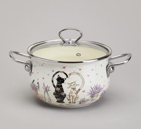 Кастрюля эмалированная со стеклянной крышкой "LAVANDER CATS", 2,8 л