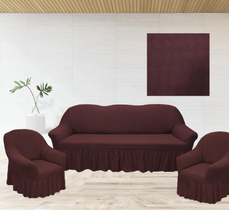 Комплект чехлов на 3-х местный диван и 2 кресла Karteks &quot;Классика&quot; с оборкой KAR 006-05, бордовый
