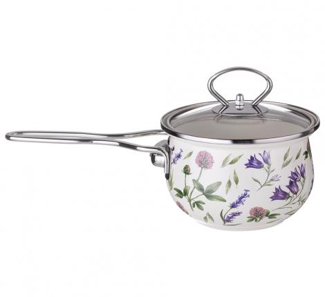 Ковш эмалированный со стеклянной крышкой "FLOWER STORY", 0,9 л