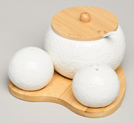 Набор для специй "MUSE", 3 предмета, на деревянной подставке 15,5*15,5*10 см