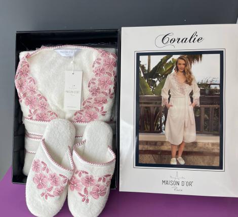 Халат женский махровый с тапочками Maison D'or "CORALIE" (кремовый/пыльная роза), XL(50)-XXL(52)