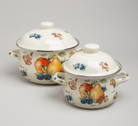 Набор эмалированных кастрюль с крышкой  "ФРУКТЫ", на 4 предмета