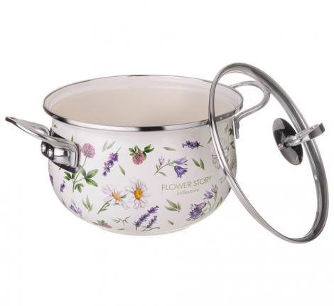 Кастрюля эмалированная со стеклянной крышкой "FLOWER STORY", 2,8 л