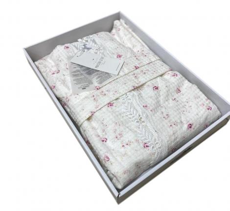 Халат женский вафельный с капюшоном Maison D'or "ROSES ESTEE" (кремовый/розовый), XS(42)-S(44)