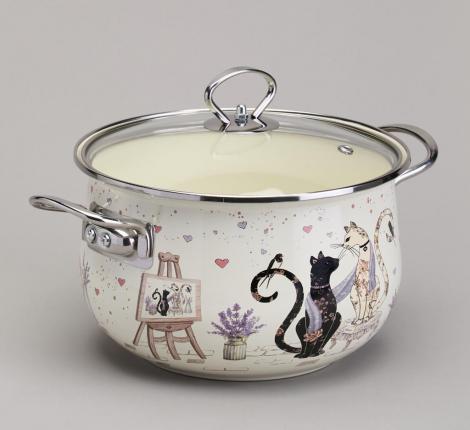 Кастрюля эмалированная со стеклянной крышкой "LAVANDER CATS", 3,8 л