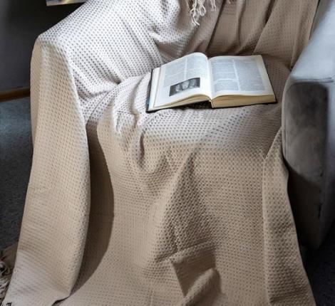 Покрывало вафельное с бахромой Valtery 150х200, коричнево-серый