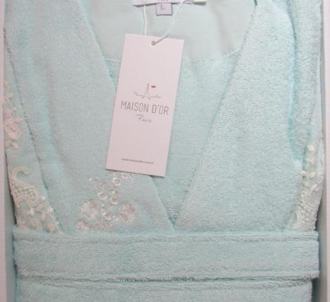 Халат женский махровый с кружевом Maison D'or "NERIA" (бирюзовый), XL(50)-XXL(52)