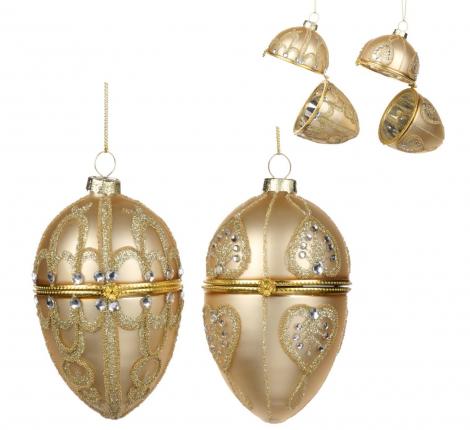 Ёлочная игрушка 2 шт. "ЯЙЦО-ШКАТУЛКА" (золото, кремовый), диаметр 9 см