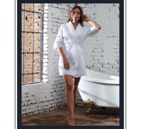 Халат женский вафельный с кружевом Maison D'or "ROCHELLA" (белый), XL(50)-XXL(52)