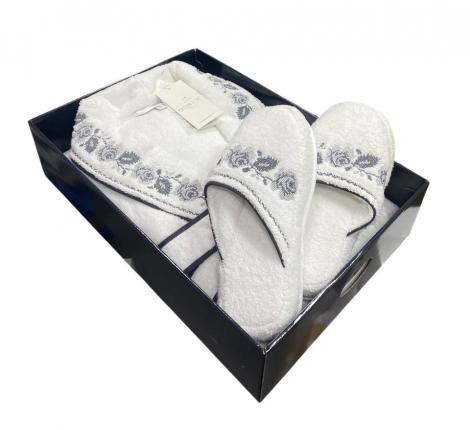 Халат женский махровый с вышивкой Maison D'or "ROSANNA" (белый/антрацит), XL(50)-XXL(52)