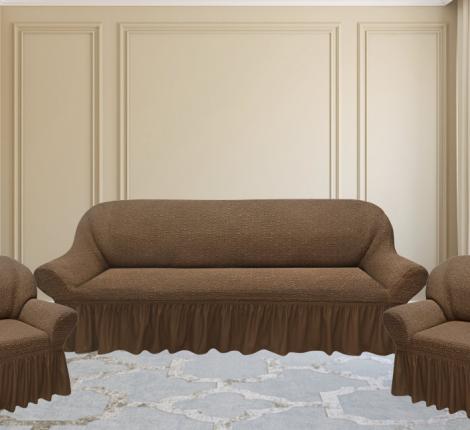 Комплект чехлов на 3-х местный диван и 2 кресла Karteks &quot;Классика&quot; с оборкой KAR 018-05, светло-коричневый