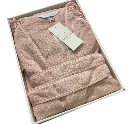 Халат женский махровый с кружевом Maison D'or "JOSEPHINE" (пыльная роза), XS(42)-S(44)