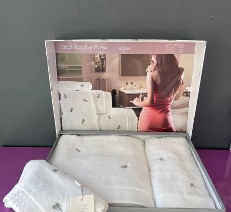 Комплект махровых полотенец  30x50-50x100-85x150 Maison D'or "REVE DE PAPILLON", белый/серый