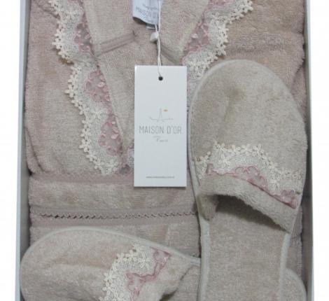 Халат женский махровый с тапочками Maison D'or "VANESSA" (бежевый), XS(42)-S(44)